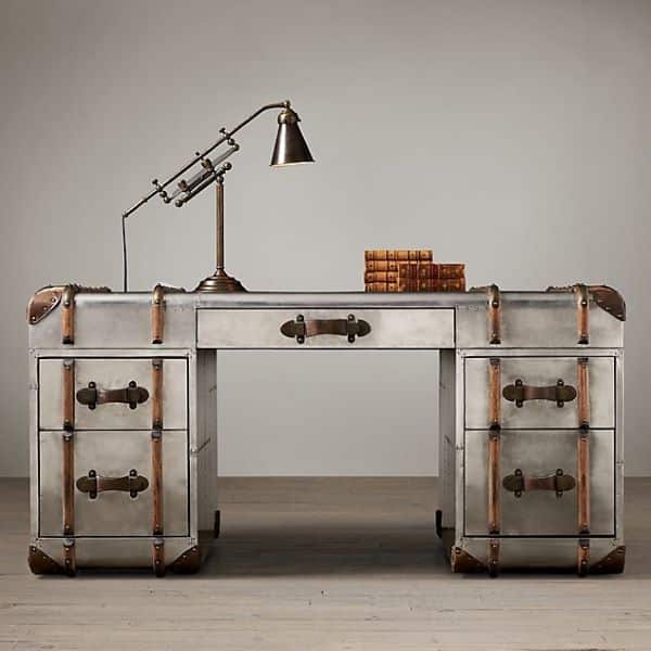 The Richards' Trunk desk is inspired by a worn, custom-made steamer trunk.