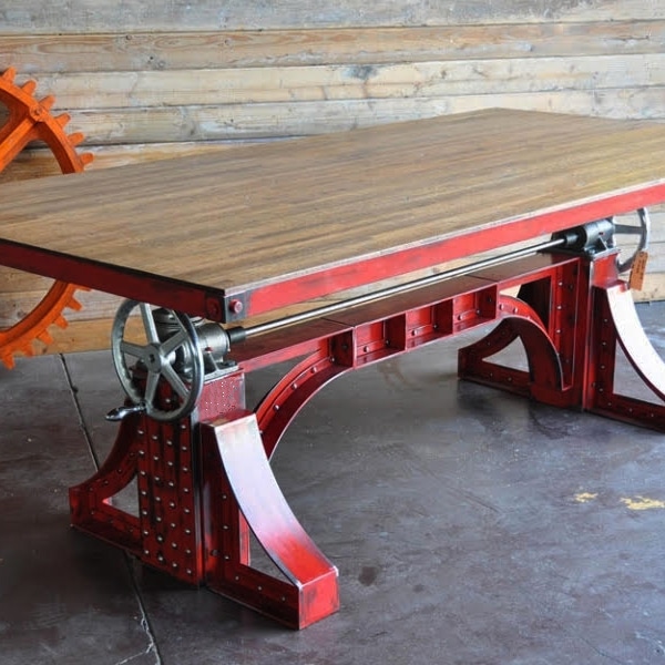 A red Bronx Crank table with framed wooden table top.