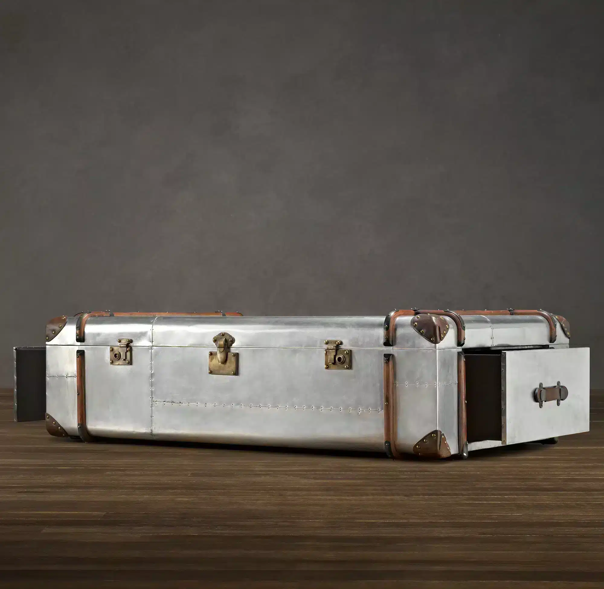 The Richards' Trunk coffee table is inspired by a worn, custom-made steamer trunk.