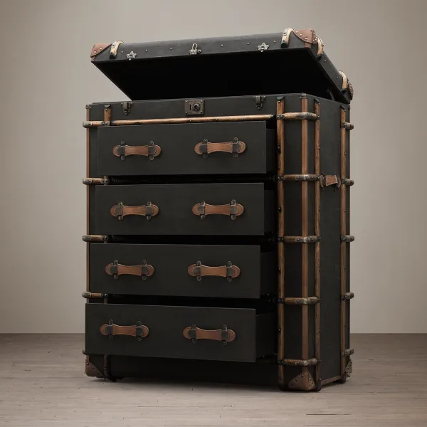 This Trunk canvas chest is inspired by a worn custom-made steamer Trunk. A real eye-catcher, each piece is constructed with a vintage look.