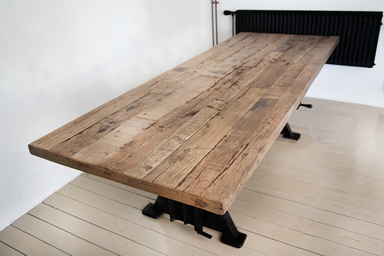 100% cast iron crank table with old truck wooden table top